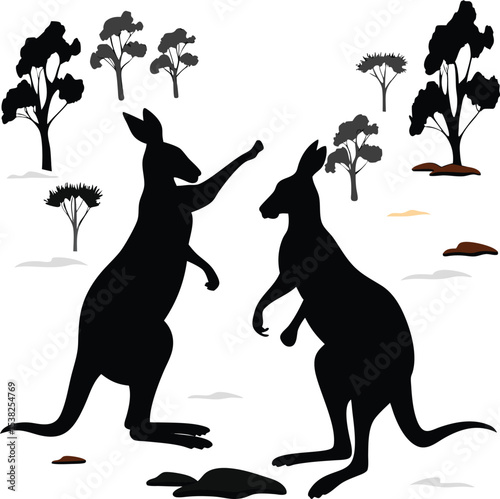 Two australian kangaroo silhouettes in a simple nature vector illustration