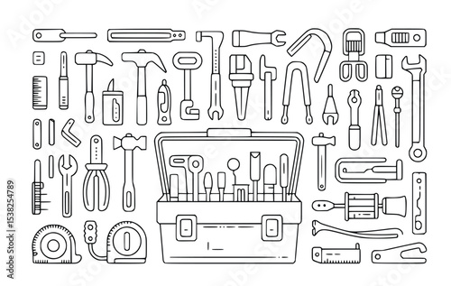 Complete Tool Kit Illustration Featuring Hammers Wrenches Screwdrivers and Measuring Tools Ideal for DIY Projects and Repair Manuals, silhouette