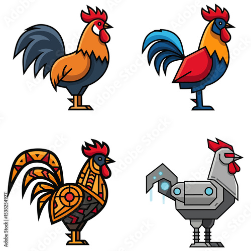Four cartoon roosters each with unique color schemes and stylized designs