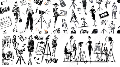 Hand-drawn fashion and photography themed illustration featuring vintage cameras, models, lighting, and studio equipment. Perfect for creative, editorial, and artistic designs.