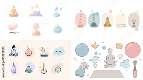Minimalist pastel illustration set featuring meditation, yoga, incense, and mindfulness symbols. Ideal for wellness, relaxation, self-care, and spiritual content designs.