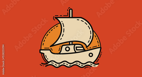Vector Line Art SVG Icon of Sailing Ship with Sails in Minimalist Flat Design Style with Orange and Beige Colors