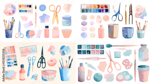 Watercolor art supplies illustration featuring brushes, paint tubes, palettes, scissors, and jars in soft pastel tones. Ideal for creative, artistic, and DIY-themed projects.