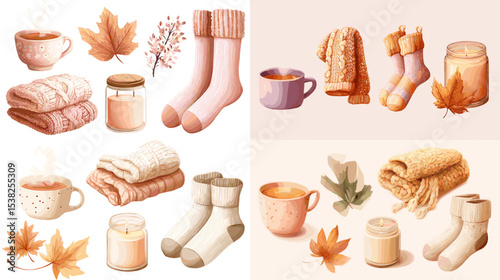Cozy autumn-themed illustration set featuring socks, blankets, candles, tea cups, and fall leaves in soft pastel tones. Perfect for seasonal, hygge, and lifestyle design projects.