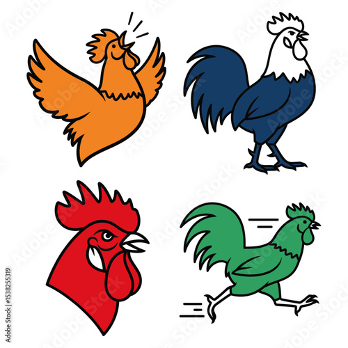 Four colorful rooster icons in orange blue red and green each in a different pose