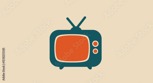 Vector Minimalist SVG Illustration of Retro Television Set with Antennas in Flat Design Style Featuring Orange Screen and Blue Body for Digital Media