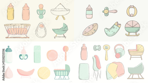 Pastel baby item illustration set featuring bottles, pacifiers, cribs, rattles, bibs, shoes, and baby gear. Perfect for nursery decor, parenting themes, and infant care visuals.
