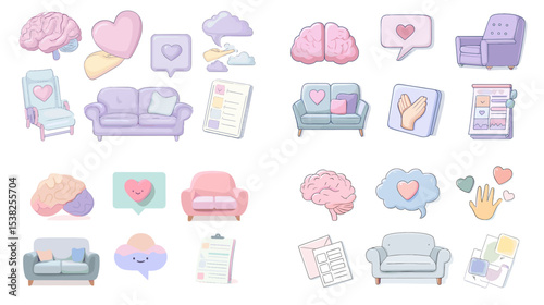 Cute pastel mental health and therapy icons, including brains, hearts, couches, clipboards, and chat bubbles. Perfect for wellness apps, blogs, and emotional support visuals.