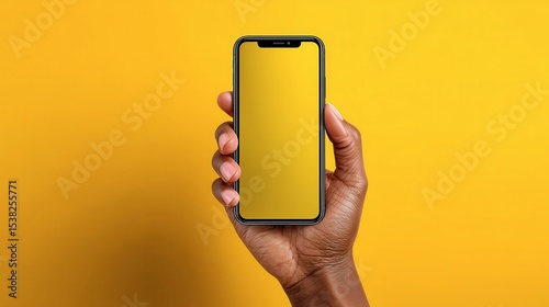 Hand holding Smartphone blank screen on yellow against vibrant backdrop