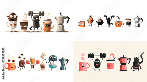 Funny cartoon coffee cups, mugs, and kettles with faces doing activities like weightlifting and yoga. Perfect for coffee lovers, humor, lifestyle, and café-themed content.