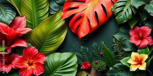 Elegant botanical composition of exotic jungle leaves; banana palm, monstera, fern, philodendron, hibiscus,  green, tropical