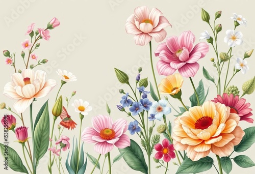 Elegant botanical illustrations of diverse flowers, perfect for postcards, wall art, and banners,  bloom,  design