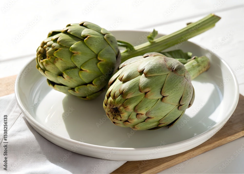 Fototapeta premium Whole artichokes arranged in plate with clean white background view
