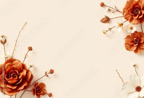 Elegant brown, beige, white floral wedding invitation design with modern minimalist aesthetic,  floral,  botanical