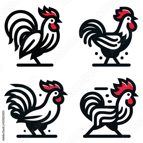 Four rooster graphics depicted in a stylized linear design each with unique color contrasts and design elements