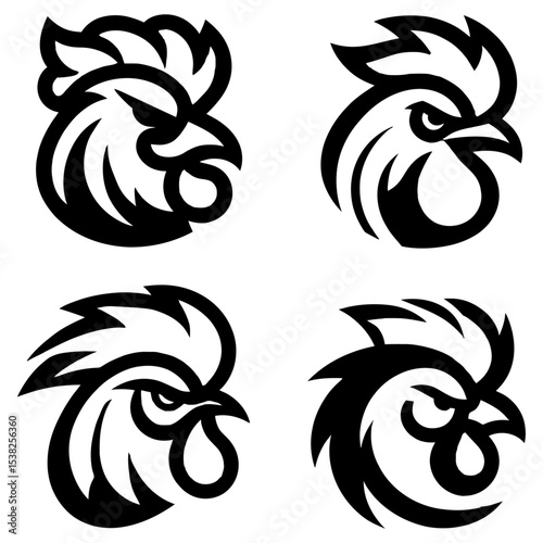 Four stylized black roosters face right each with unique comb shapes and angry expressions