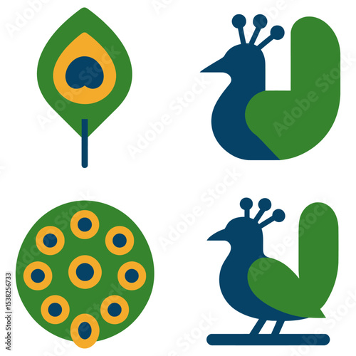Stylized peacock feather  lotus seed pod emblems in bold flat design