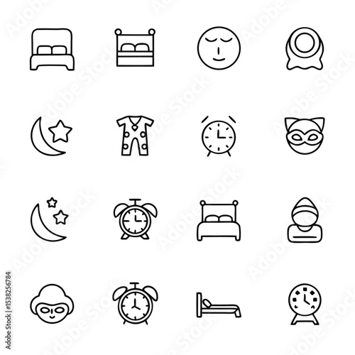 This black outline shows icons relating to bedtime including bed, clock, and pajamas