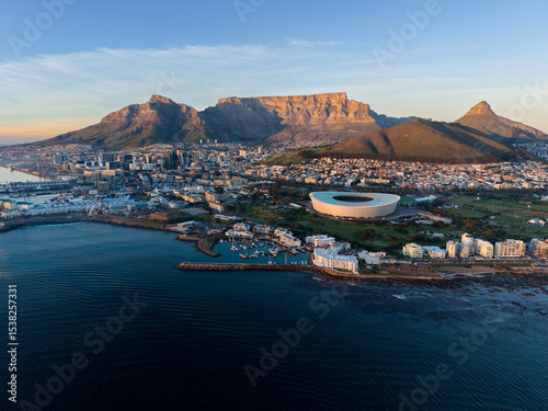 Aerial of Cape Town, South Africa with Table Mountain