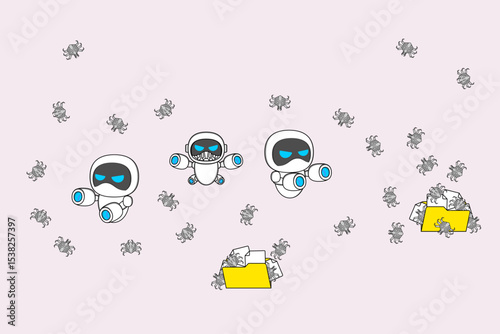 Cybersecurity Threat - Robot and Malware Attack Illustration vector design. EPS 10.