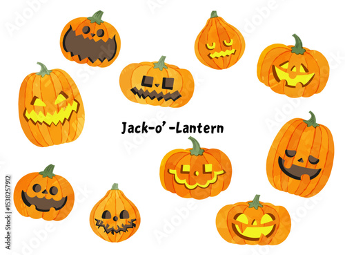 水彩風のハロウィンのかぼちゃ、ジャックオランタンのイラスト素材セット