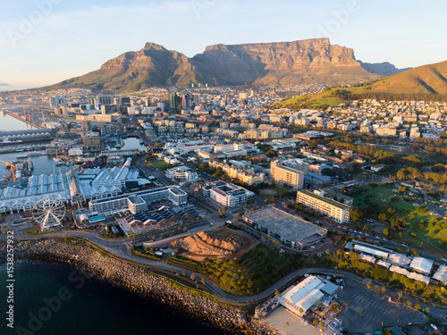 Aerial of Cape Town, South Africa with Table Mountain