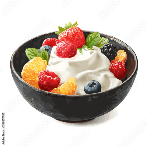 A bowl of Greek yogurt with different fruits berries vector isolated on a white background