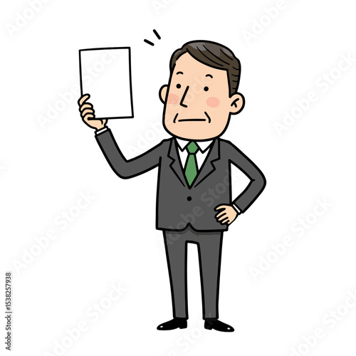 Man in suit holds blank paper Hes wearing a green tie and has a surprised expression