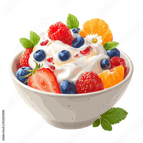 A bowl of Greek yogurt with different fruits berries vector isolated on a white background