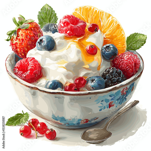 A bowl of Greek yogurt with different fruits berries vector isolated on a white background