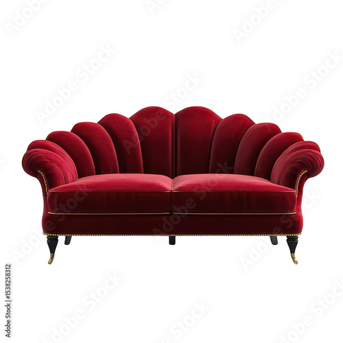 Elegant red velvet scallop sofa isolated on transparent background