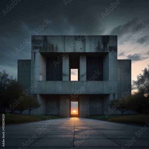 A Brutalist building at sunset, with golden light framing its imposing facade. Ideal for themes of architecture, history, and somber beauty.
