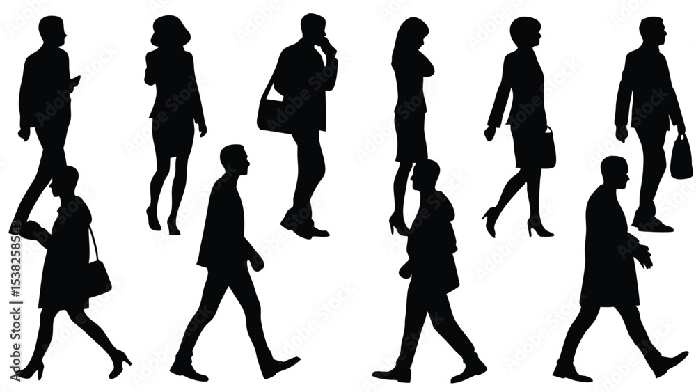 Fototapeta premium Black silhouettes depict multiple people walking and standing, showcasing various poses against a white background