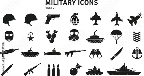 Military Icon Silhouette Collection in Grid Layout Featuring Weapons, Vehicles, and Emblems