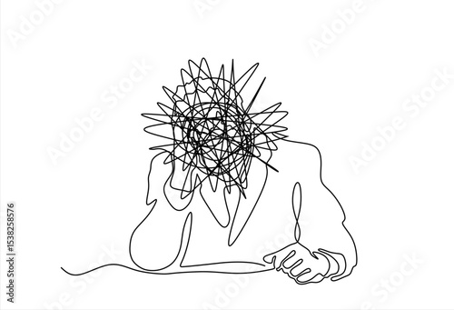 Continuous one line drawing of a man with confused feelings worried about bad mental health. Problems, stress, sad and depression concept in doodle style. Hand drawn one line vector. Editable stroke