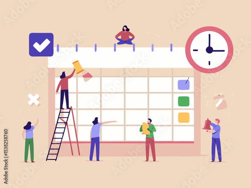Teamwork and Project Management People Planning Schedule on Calendar with Clock and Checkmarks for Deadlines and Meetings