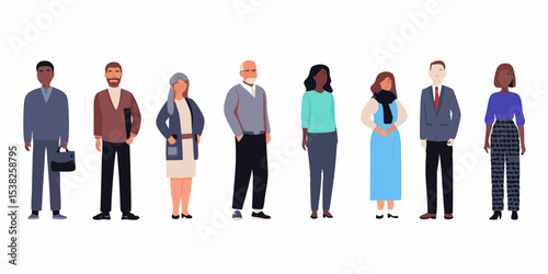 Diverse Group of People Standing Together Representing Different Ages Ethnicities and Styles in a Flat Vector Illustration