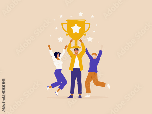 Teamwork success celebration with trophy happy people celebrating victory achievement goal award business success team winning flat vector illustration