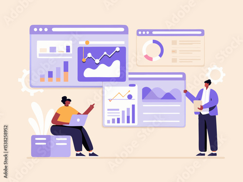 Team analyzing data dashboards business intelligence data visualization and financial analysis flat vector illustration for presentation and website design