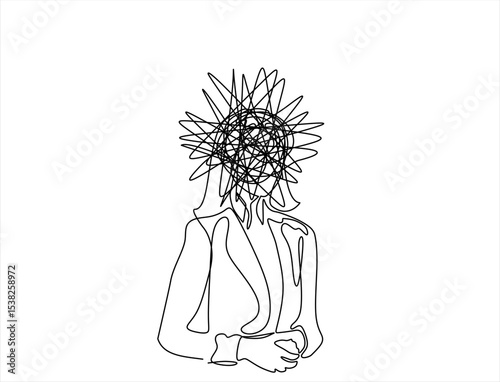 Continuous one line drawing of a woman with confused feelings worried about bad mental health. Problems, stress, sad and depression concept in doodle style. Hand drawn one line vector. Editable stroke
