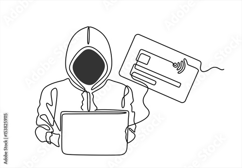 Continuous one line drawing of a thief hacker. Hacking phishing attack. Internet Thief, credit card data phishing. Hand drawn one line vector. Editable stroke 