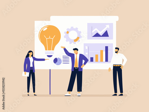 Business Team Brainstorming Ideas with Lightbulb and Charts on Whiteboard for Creative Strategy and Data Analysis Presentation