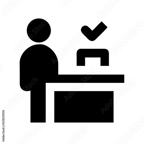 Check-in Counter Service Icon with Person and Document Submission for Travel Blogs, Airport Websites, Customer Service Education, and Travel Planning Resources  
