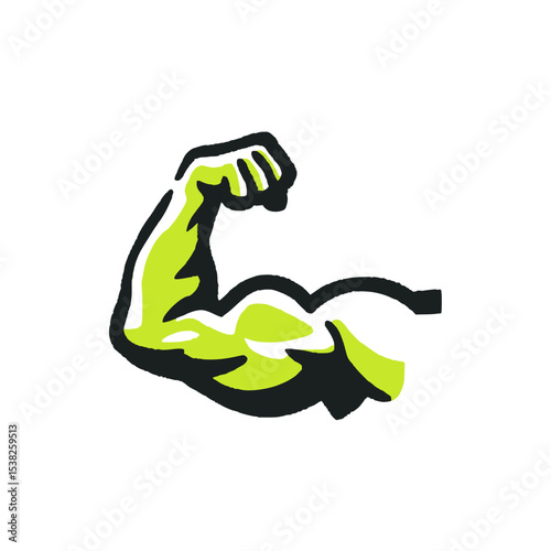 Green Muscular Arm Flexing Illustration Symbol, Stylized green muscular arm flexing with bold black outlines, representing strength, fitness, bodybuilding, or power iconography.

