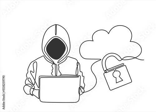 Continuous one line drawing of a thief hacker. Data phishing, hacker attack. Thief hacker in mask stealing personal information from laptop. Hand drawn one line vector. Editable stroke