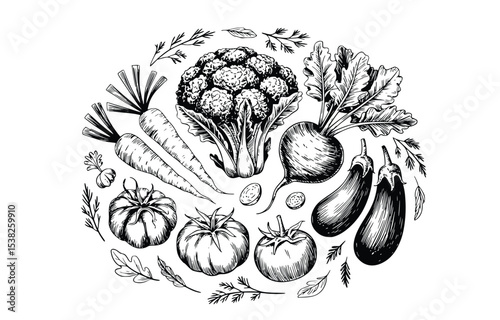Fresh Vegetable Harvest Sketch:  A captivating hand-drawn illustration featuring carrots, broccoli, tomatoes, eggplant, and beets arranged in a circular design perfect for farmers markets, healthy eat