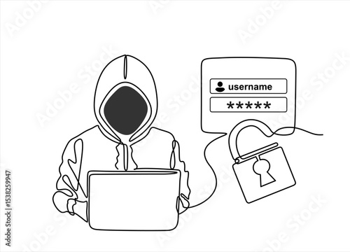 Continuous one line drawing of a Thief hacker. Hacker stealing sensitive data as passwords from a personal computer.Concept hacking internet. Hand drawn one line vector. Editable stroke