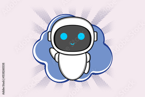 Charming robot character with a sleek white body, a friendly black face, and bright blue eyes.AI innovation. Illustration vector design. EPS 10.
