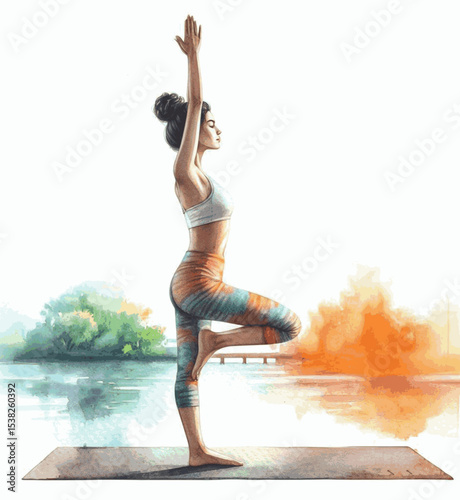 Stillness Rising Yoga Tree Pose isolated watercolor vector illustration svg