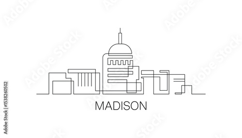Madison stroke, single art skyline. Continuous urban panorama silhouette outline, vector illustration of USA, Wisconsin state city with buildings, skyscrapers. Thin line icon, logo, card